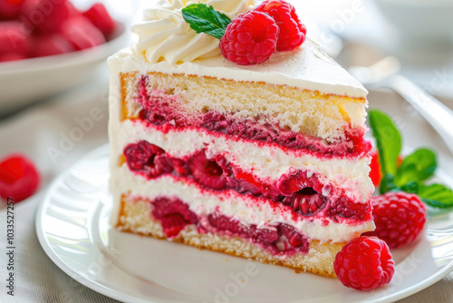 Delicious raspberry layered cake with cream, beautifully plated and garnished with fresh raspberries, perfect for dessert. photo