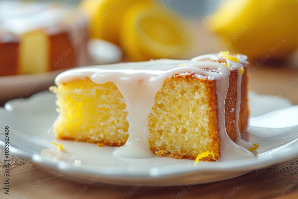 A moist slice of lemon drizzle cake with a light icing, served on a white plate. A moist slice of lemon drizzle cake with a light icing, served on a white plate.