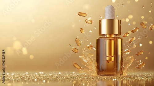 Golden Dropper Bottle with Liquid and Glimmering Background