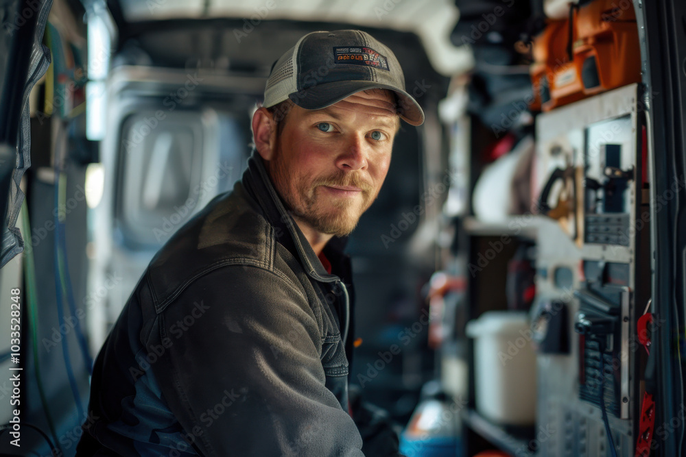 Technician working inside a service van, focused on repairing and maintaining electronic equipment in a mobile setup. Technician working inside a service van, focused on repairing and maintaining electronic equipment in a mobile setup.