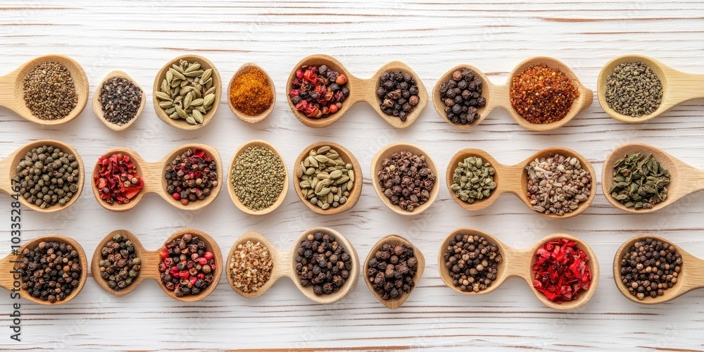 Decorative semicircle of various spices in bamboo spoons on a white wooden background, top view, close-up. Decorative semicircle of various spices in bamboo spoons on a white wooden background, top view, close-up.