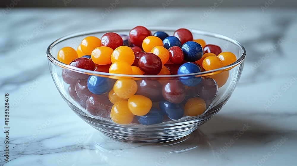 A glass bowl filled with colorful candies on a marble surface. A glass bowl filled with colorful candies on a marble surface.