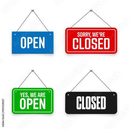Realistic open or closed hanging signboards. Vintage door sign for cafe, restaurant, bar or retail store. Announcement banner, information signage for business or service. Vector illustration