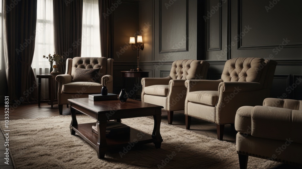 A living room with four armchairs, a coffee table, and a rug. The chairs are upholstered in a light brown fabric and have a button-tufted design. The coffee A living room with four armchairs, a coffee table, and a rug. The chairs are upholstered in a light brown fabric and have a button-tufted design. The coffee