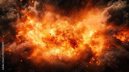 Explosion with fiery flames and smoke, intense orange and black colors