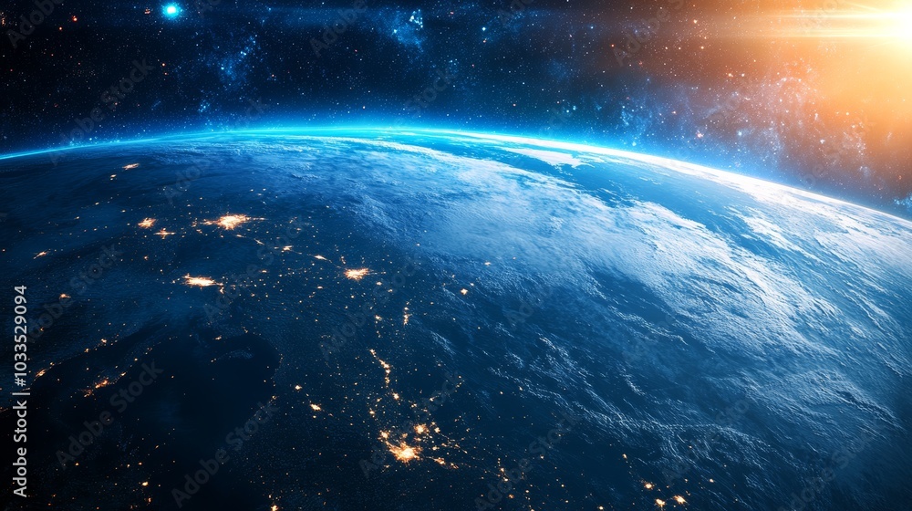 Fototapeta premium Satellite View of Earth at Night with Glowing Lights and Stars