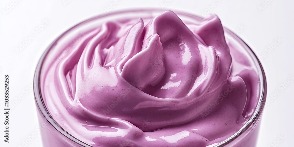 Close-up of grape-flavored yogurt in a clear glass, isolated against a white background. Close-up of grape-flavored yogurt in a clear glass, isolated against a white background.