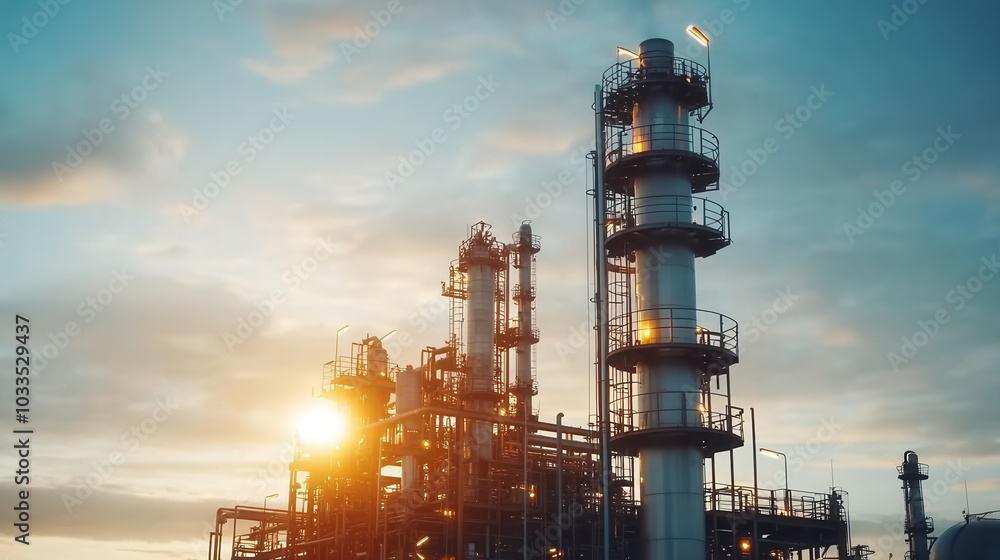 Oil refinery plant at sunset with glowing lights, showcasing massive structures and industrial design. scene captures beauty of technology against vibrant sky Oil refinery plant at sunset with glowing lights, showcasing massive structures and industrial design. scene captures beauty of technology against vibrant sky
