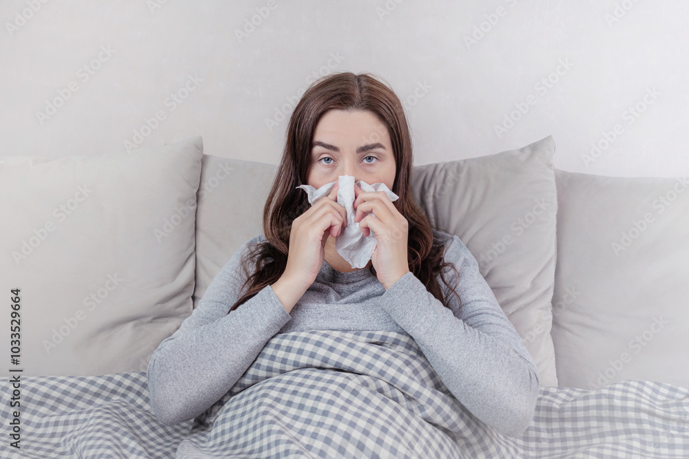 Concept of disease, home treatment. A woman caught a cold, blows her nose in a napkin Concept of disease, home treatment. A woman caught a cold, blows her nose in a napkin