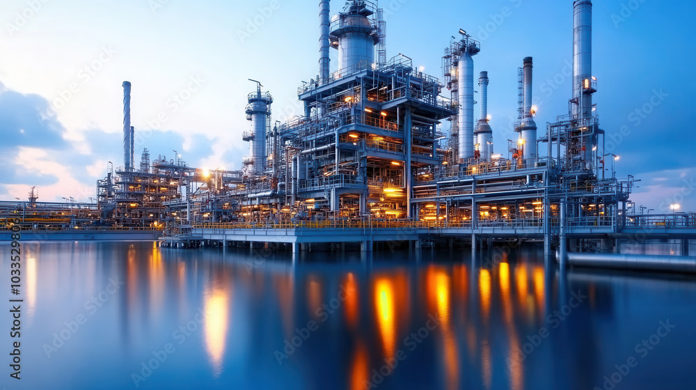 Oil refinery plant reflecting on water, creating serene yet industrial atmosphere. intricate structures and glowing lights enhance beauty of this industrial scene Oil refinery plant reflecting on water, creating serene yet industrial atmosphere. intricate structures and glowing lights enhance beauty of this industrial scene