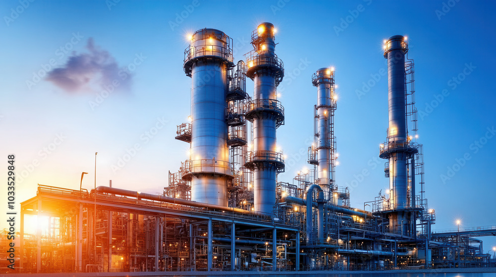 serene oil refinery plant reflecting on water, showcasing towering structures and intricate pipelines under clear blue sky. scene captures industrial beauty and complexity of modern energy serene oil refinery plant reflecting on water, showcasing towering structures and intricate pipelines under clear blue sky. scene captures industrial beauty and complexity of modern energy