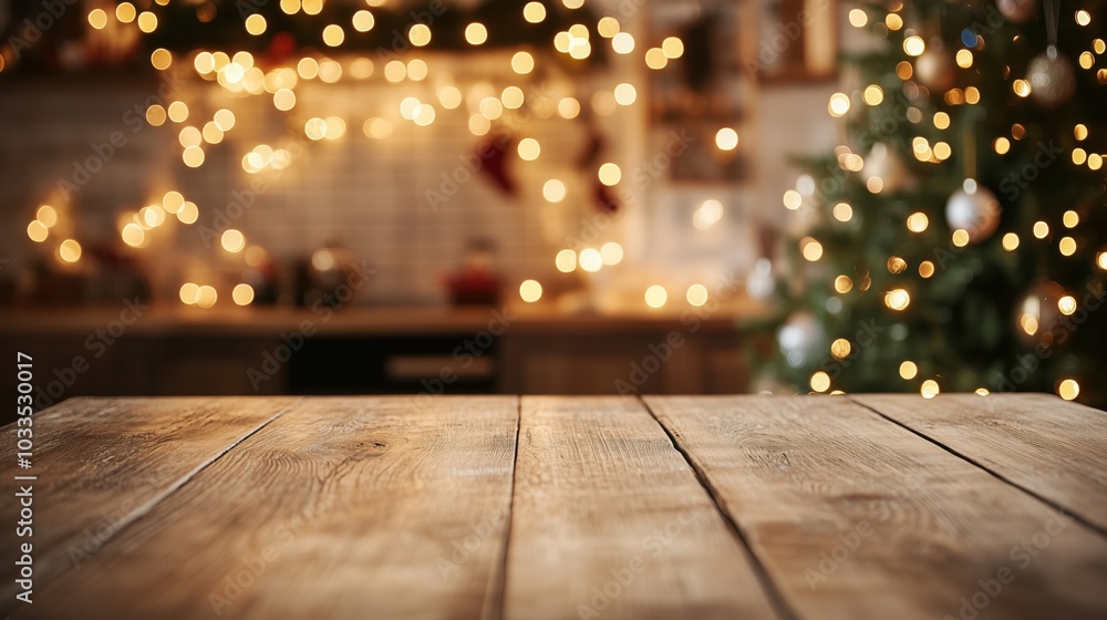 Christmas bokeh lights, wooden table, festive kitchen background, holiday spirit Christmas bokeh lights, wooden table, festive kitchen background, holiday spirit