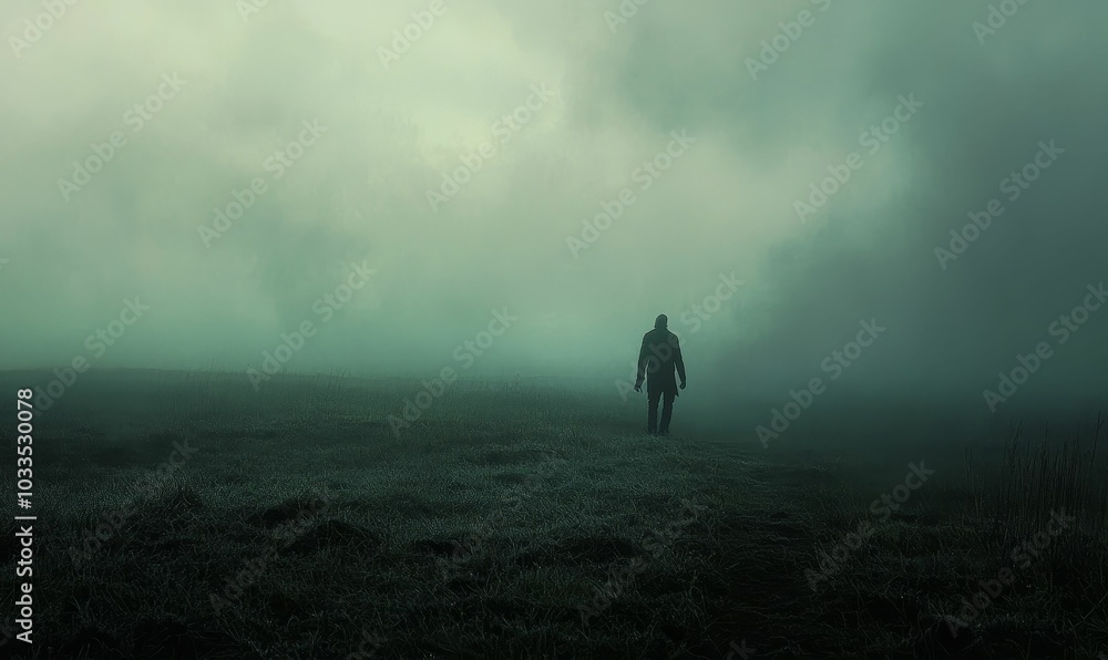 Fototapeta premium A lone figure walks through a foggy field.