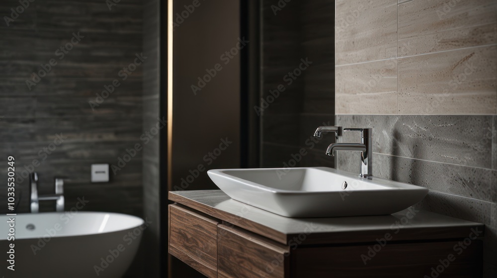 Fototapeta premium A modern bathroom sink with chrome faucets and a wooden cabinet.