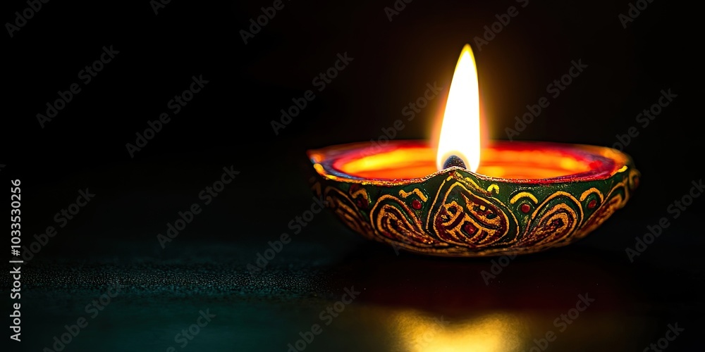 Close-up image of a Happy Diwali diya against a black background. Close-up image of a Happy Diwali diya against a black background.