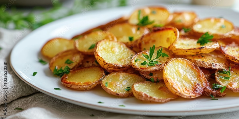 foreground of fried potato slices on a white plate foreground of fried potato slices on a white plate