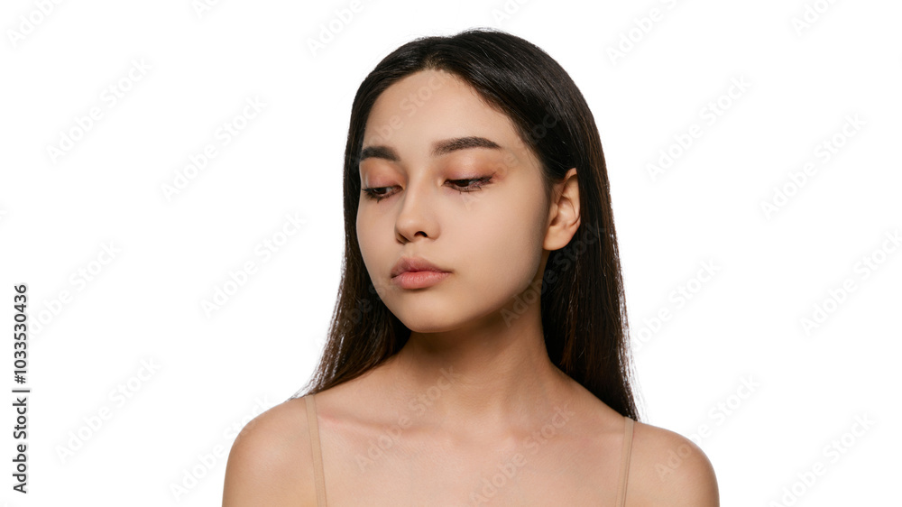 Fototapeta premium Beautiful Korean, young girl with brunette hair, well-kept, smooth skin and perfect face shapes, posing isolated on white background. Concept of natural beauty, skincare, cosmetics and cosmetology