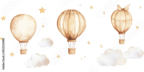Watercolor hot air balloons, clouds, and stars in neutral colors on a white background