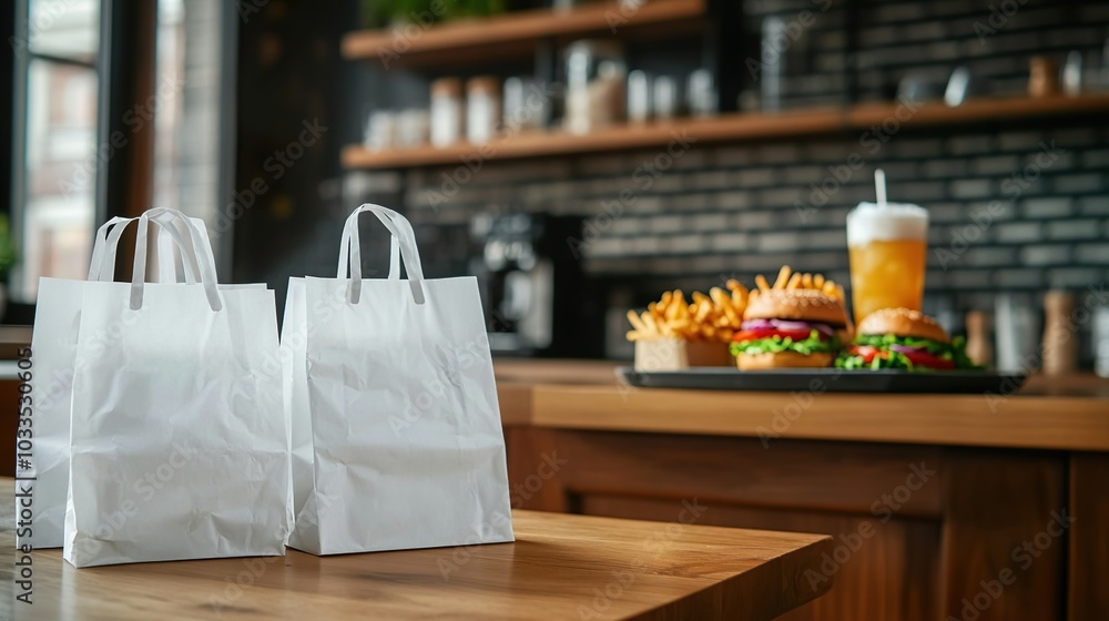 White paper takeout bags on restaurant counter with burgers and fries White paper takeout bags on restaurant counter with burgers and fries