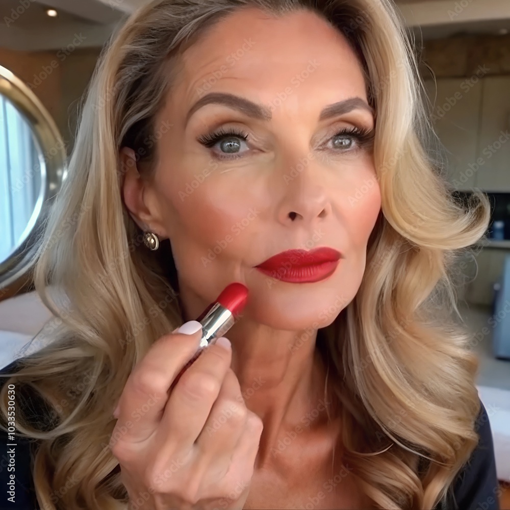 Beautiful middle age woman applying red lipstick Beautiful middle age woman applying red lipstick