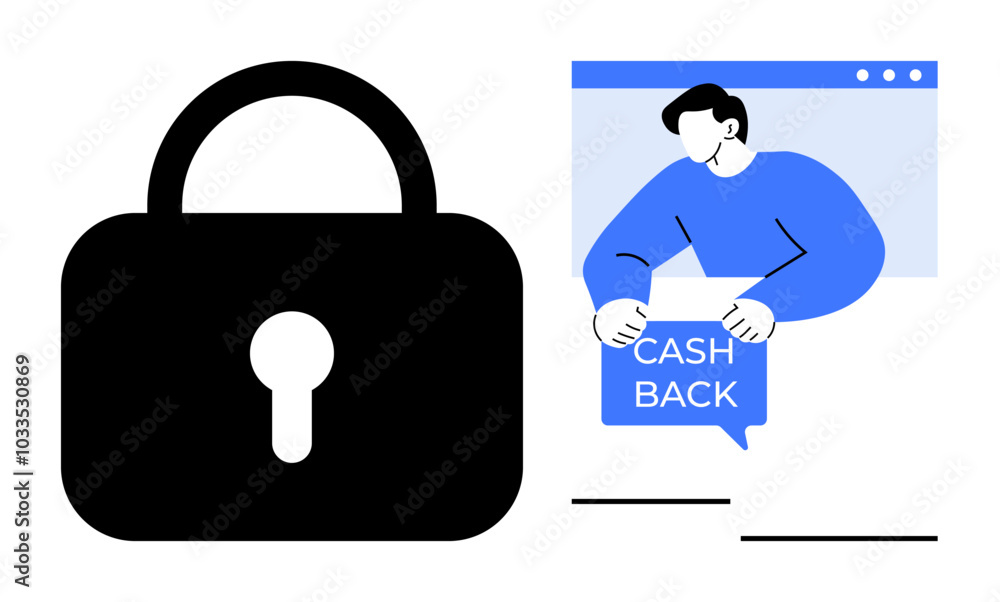 Simple lock represents security alongside a person holding a cashback sign. Ideal for e-commerce, data protection, online banking, customer rewards, financial security. Modern, minimalistic, vector Simple lock represents security alongside a person holding a cashback sign. Ideal for e-commerce, data protection, online banking, customer rewards, financial security. Modern, minimalistic, vector