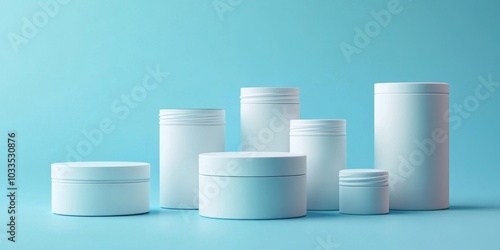 White cosmetic jars against a blue background. Skin care cosmetics. photo