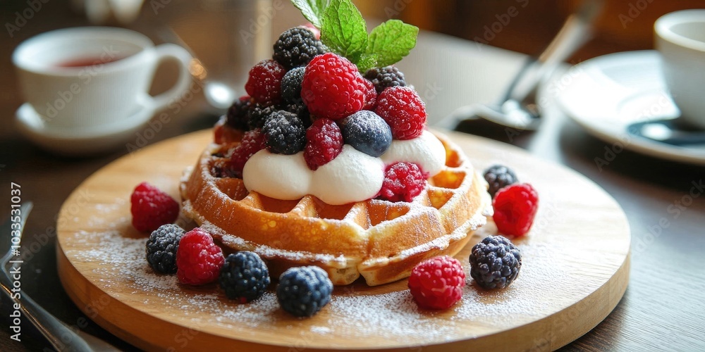 Delicious dessert featuring waffles and berries for a midday tea at work. Delicious dessert featuring waffles and berries for a midday tea at work.