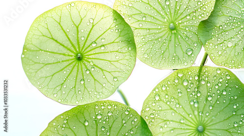 vibrant green lotus leaves covered with dewdrops, close-up shot of lotus leaf veins and fresh foliage, nature-inspired eco background for botanical designs and environmental-themed visuals