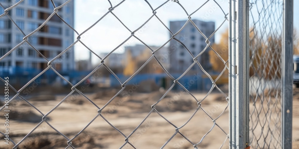 White blank construction fence with a construction site in the background, hoarding panel featuring copy space for branding or information about the development project. White blank construction fence with a construction site in the background, hoarding panel featuring copy space for branding or information about the development project.