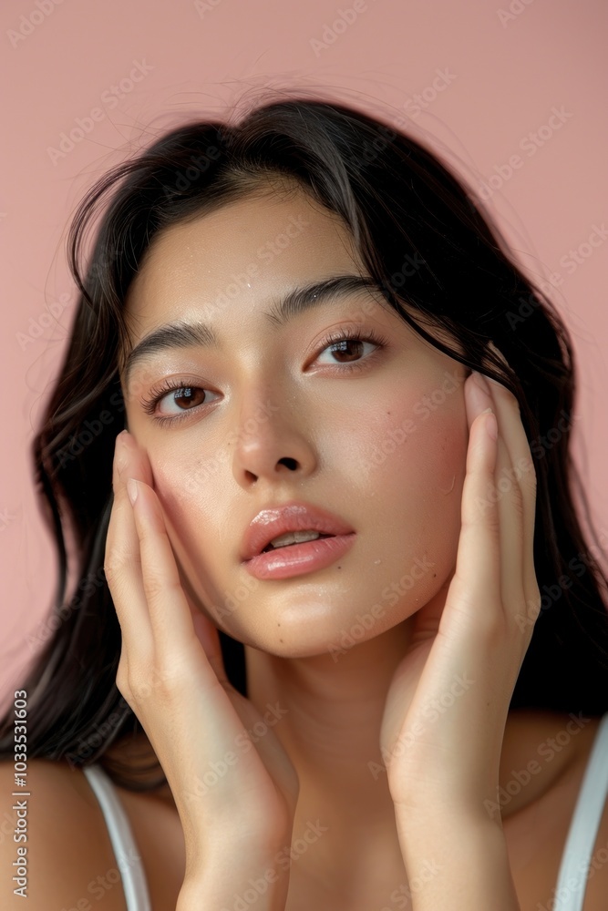 Applying skincare on face portrait adult woman. Applying skincare on face portrait adult woman.