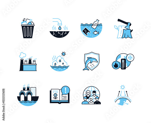 Environmental issues - line design style icons set with editable stroke. Desertification, ocean pollution, deforestation, harmful factory emissions, melting glaciers, animal extinction, global warming