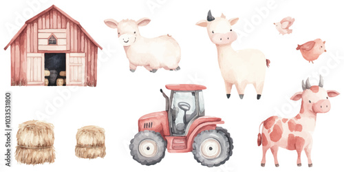 A watercolor clip art set of cute farm animals on a white background.