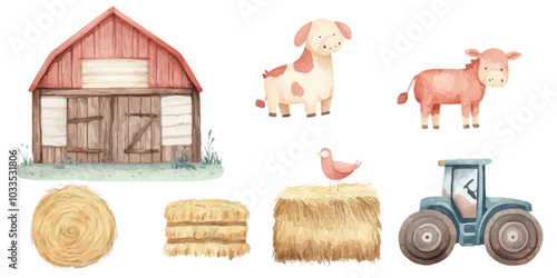 A watercolor clip art set of cute farm animals on a white background.