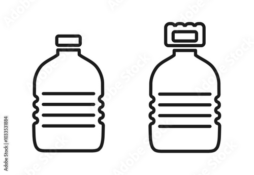 Line icons of big plastic bottle of potable water with and without a handle. Line pictograms with editable stroke for web design, app interface. Recyclable beverage packaging. Vector illustration