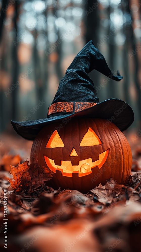 Naklejka premium A pumpkin with a black hat on top and a smiley face. The pumpkin is surrounded by leaves and has a light inside of it