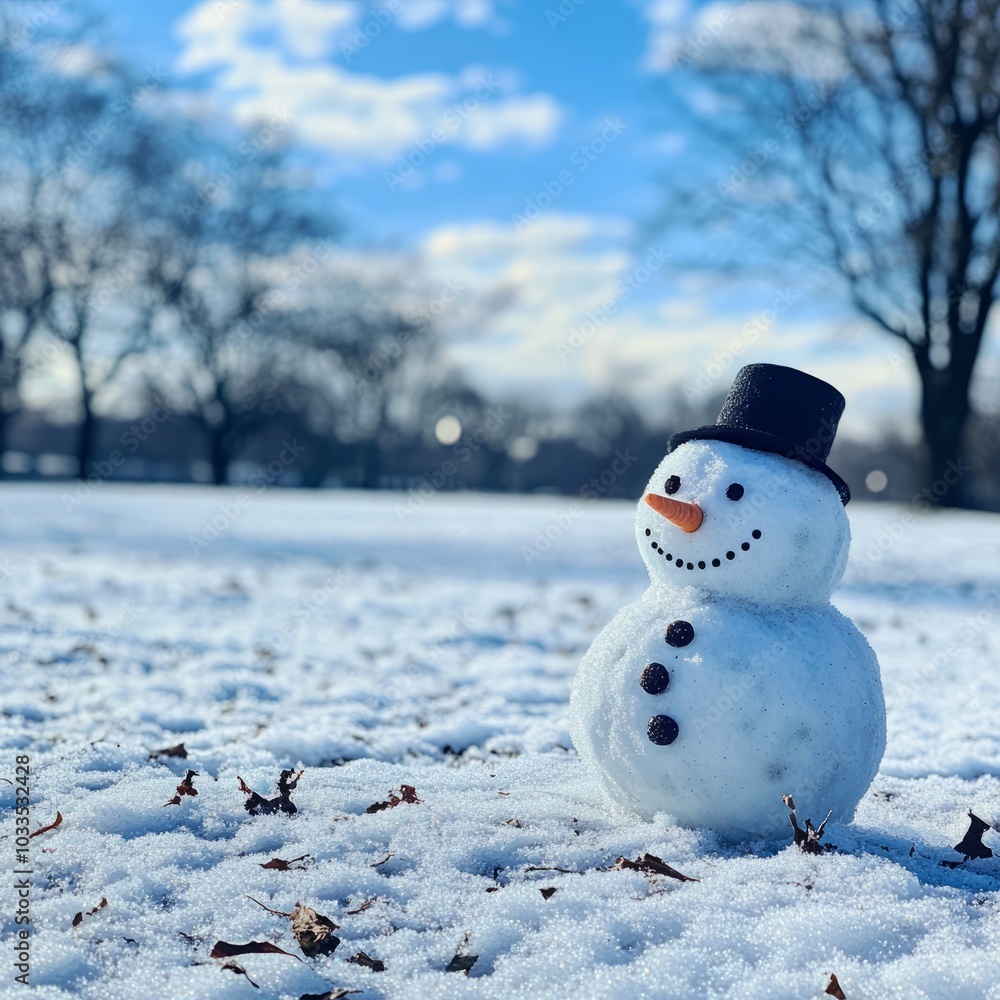 A cheerful snowman stands in a snowy landscape under a bright sky. A cheerful snowman stands in a snowy landscape under a bright sky.