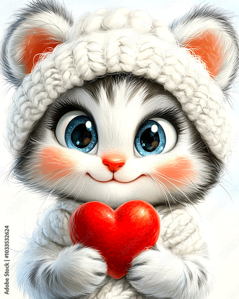 A cute cartoon cat wearing a white hat and holding a red heart. The cat has blue eyes and a smile on its face. The image conveys a warm and affectionate feeling A cute cartoon cat wearing a white hat and holding a red heart. The cat has blue eyes and a smile on its face. The image conveys a warm and affectionate feeling