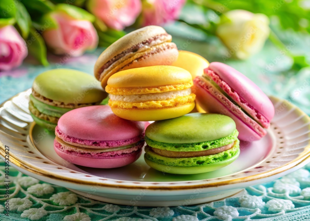 Colorful Sweet Cake Macarons Displayed on a Delicate Plate - Gourmet Dessert Photography for Food Lovers and Pastry Enthusiasts Colorful Sweet Cake Macarons Displayed on a Delicate Plate - Gourmet Dessert Photography for Food Lovers and Pastry Enthusiasts