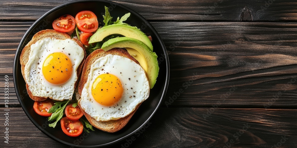Lunch featuring high fiber and protein. Fried eggs with vegetables next to toast topped with avocado, set against a dark wooden background in a top view with copy space. Lunch featuring high fiber and protein. Fried eggs with vegetables next to toast topped with avocado, set against a dark wooden background in a top view with copy space.