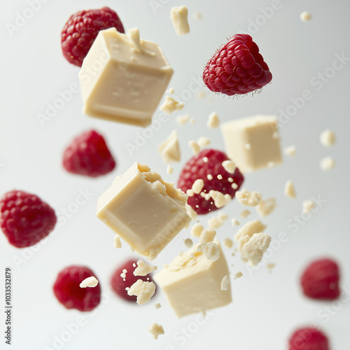 Dynamic image of fresh raspberries and white chocolate chunks suspended in air, showcasing a delightful fusion of sweets and fruit. Perfect for culinary themes and dessert inspirations. photo