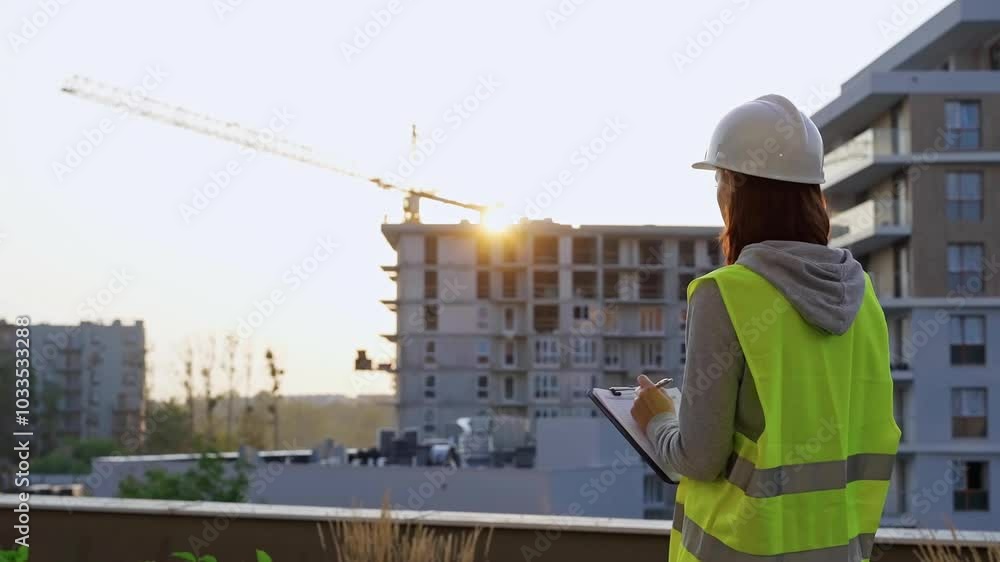 Construction female engineer taking notes and writing on clipboard while inspecting a building site at sunset Construction female engineer taking notes and writing on clipboard while inspecting a building site at sunset