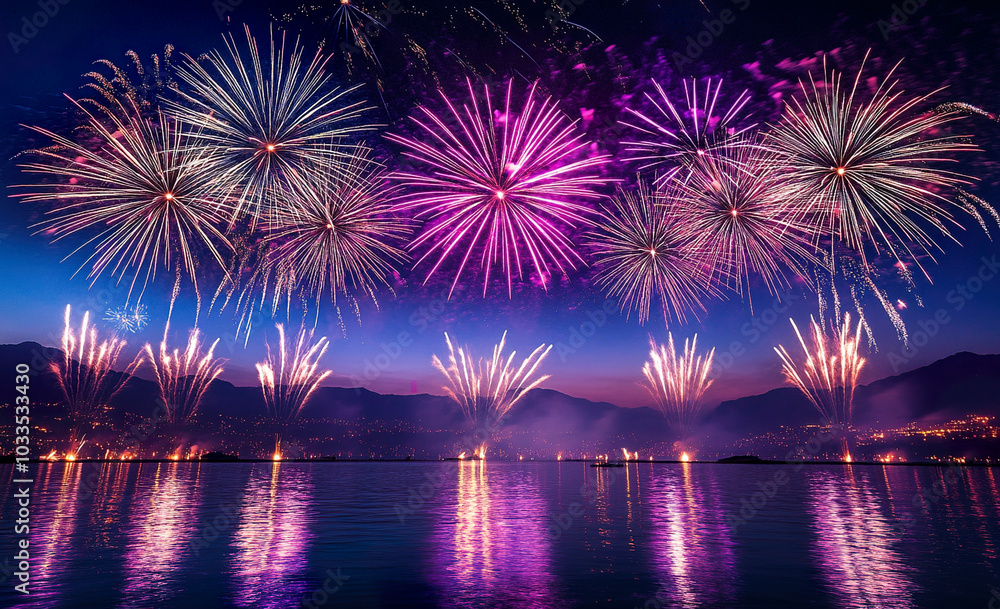 Night waterfront city fireworks celebrate National Day or New Year
Night waterfront city fireworks celebrate National Day or New Year