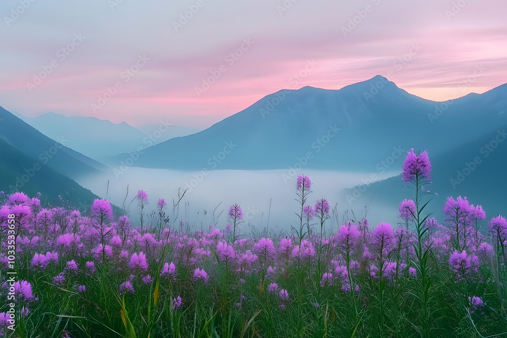 Fototapeta premium A mountain range with a foggy sky and a field of purple flowers. The flowers are in full bloom and the sky is a mix of blue and pink
