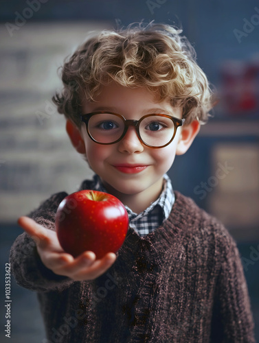 smiling boy with glasses offering apple, looking studious and polite photo