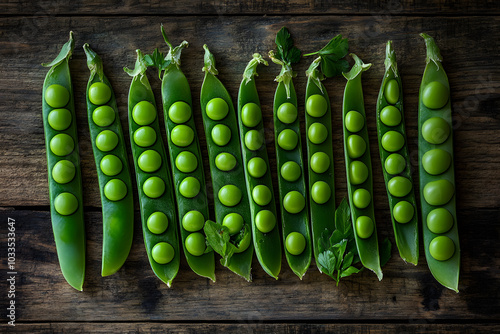 Opened green pea pods with perfectly round peas, artfully arranged on textured wood, fresh and organic photo