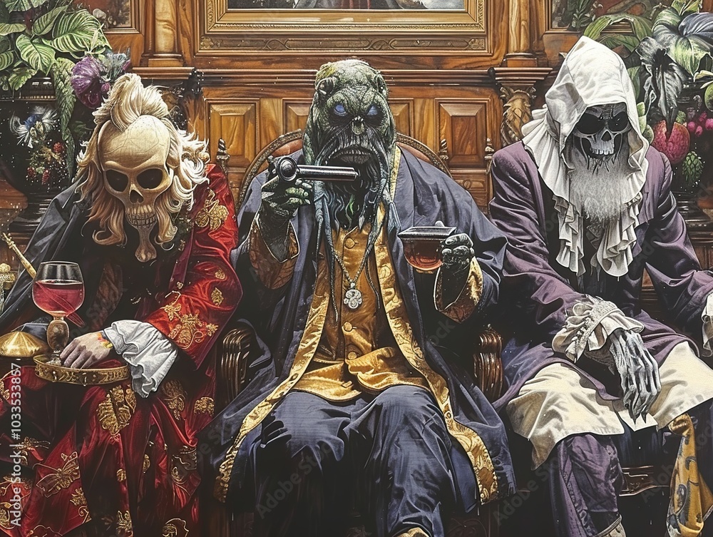 Three Skeletons in a Room: A Dark Fantasy Illustration Three Skeletons in a Room: A Dark Fantasy Illustration