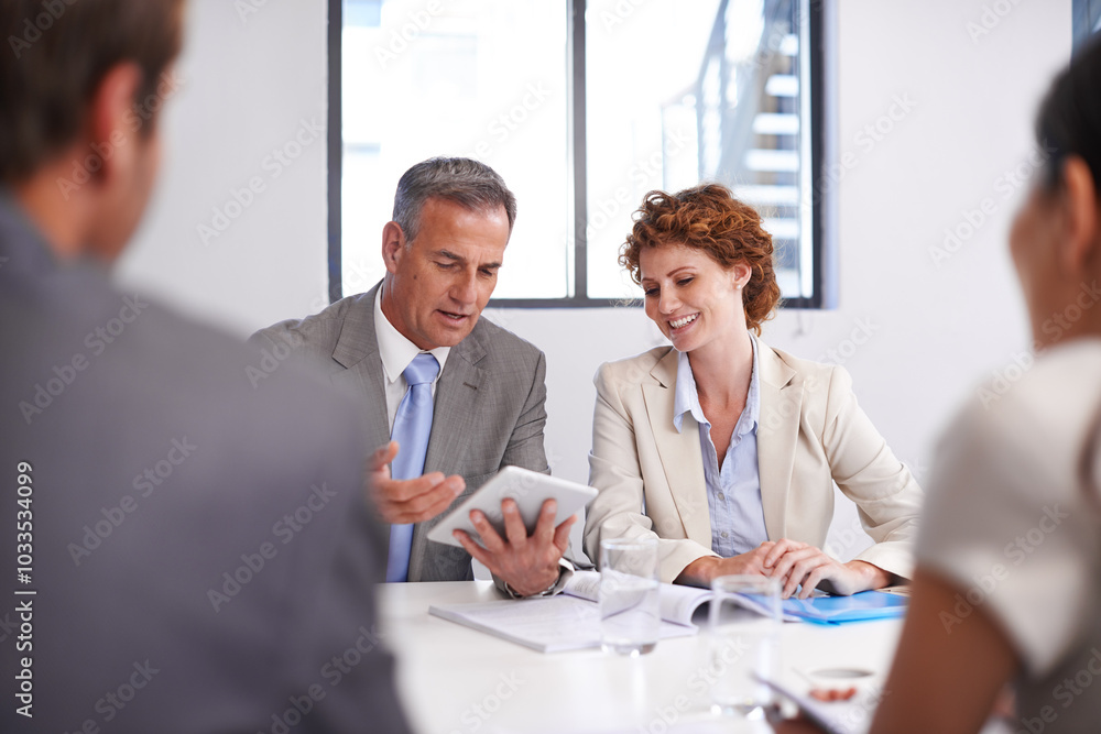 Meeting, documents and business people on tablet in discussion for planning, teamwork and collaboration. Corporate, office and men and women on digital tech for feedback, review and finance report Meeting, documents and business people on tablet in discussion for planning, teamwork and collaboration. Corporate, office and men and women on digital tech for feedback, review and finance report