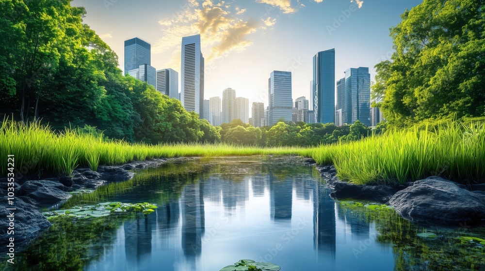 Urban skyline reflection in serene water, lush greenery, modern architecture Urban skyline reflection in serene water, lush greenery, modern architecture