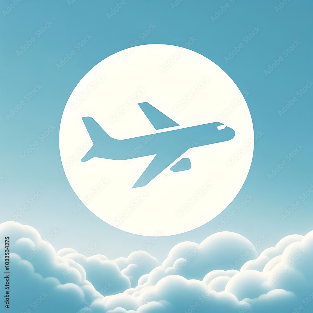 Elegant White Airplane Icon on a Blue Sky Background with Soft Clouds Elegant White Airplane Icon on a Blue Sky Background with Soft Clouds