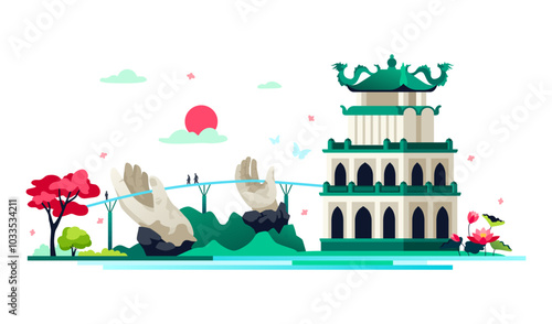 Ba Na Hills and Lake of the Returned Sword - colored vector illustration with Golden Bridge in Vietnam stone-handed statues and Hanoi ancient asian temple on the island surrounded by nature